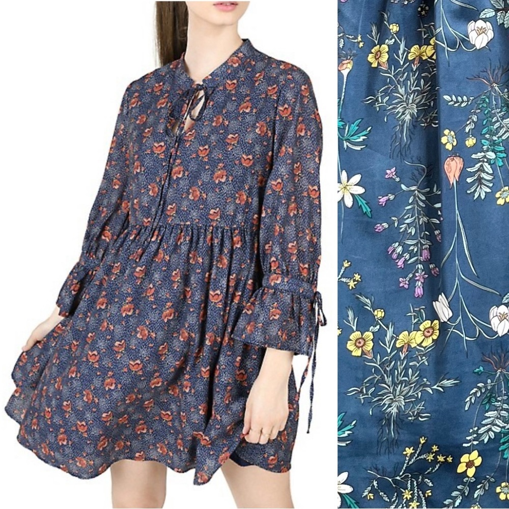 Molly Bracken Navy Floral Tie-Neck Babydoll Dress